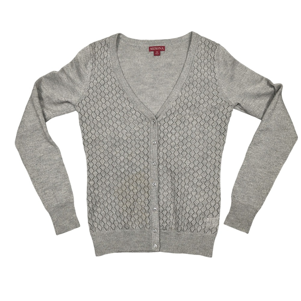 Merona Cardigan Women XS Pointelle Knit Metallic Silver Button Front Sweater